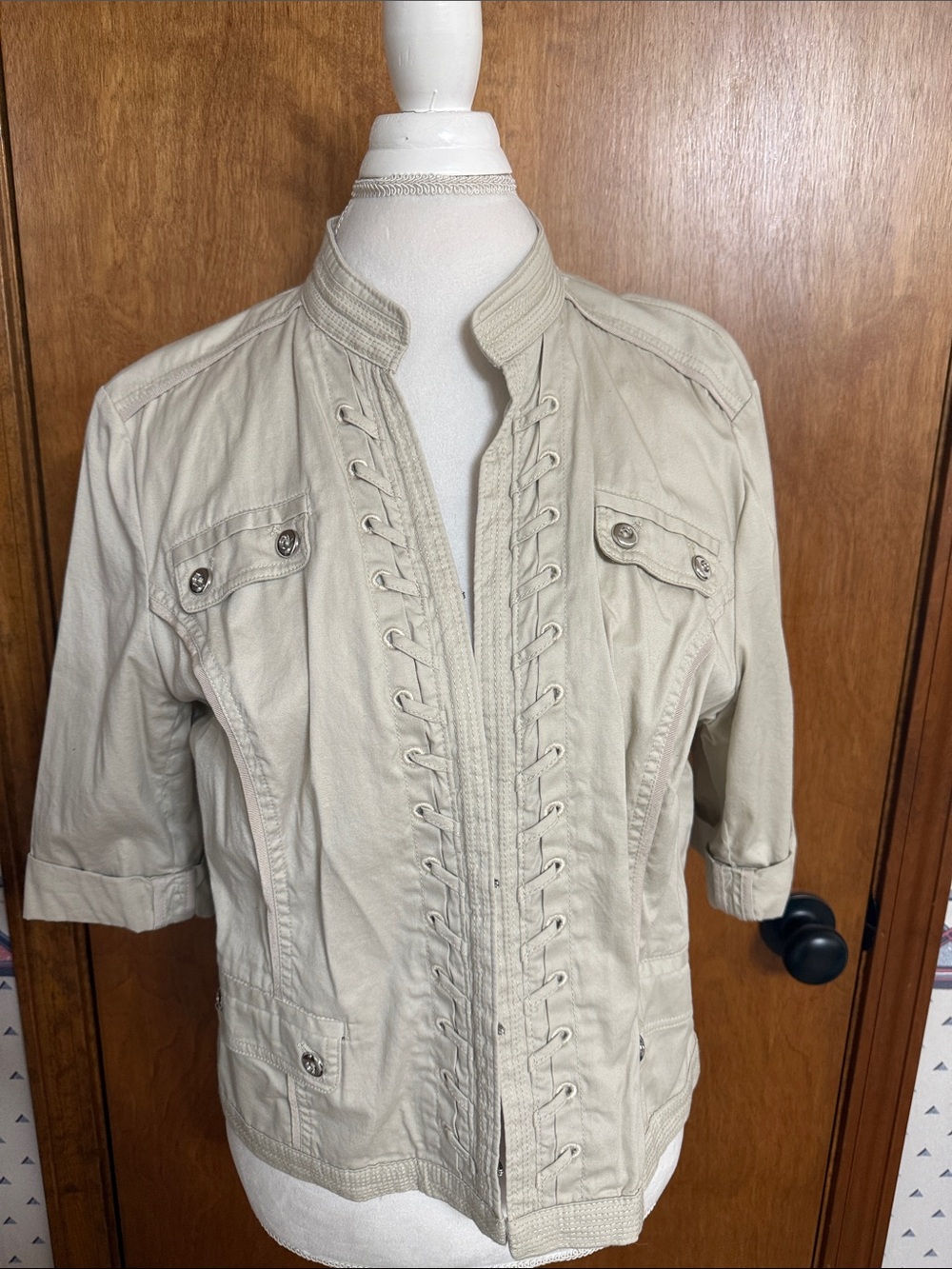 Dressbarn Women’s XL Cream Beige Lace-Up Utility Jacket 3/4 Sleeve